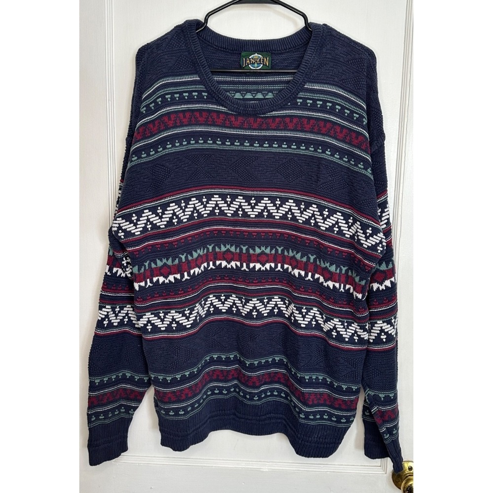Vintage Jantzen Men's Size XL Navy Burgundy Sweater Fair Isle Striped